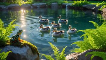 Frog Watching Ducks Swimming in Pond with Ferns and Sunlight photo