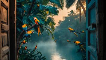Viewing Tropical Landscape with Parrots Through an Open Door photo