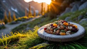Trail Mix in Bowl Outdoors at Sunset Amidst Mountain Scenery photo