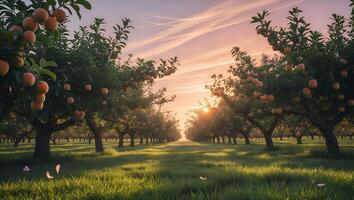 Walking Through Fruit Tree Orchard at Sunset with Warm Light photo