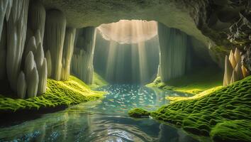 Exploring a Cave with Water Reflection and Sunrays Streaming in photo