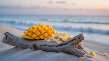 Arrangement of Mango and Macadamia on Driftwood by Ocean Shore photo