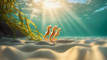 Seahorses Underwater Stroll on Sandy Seabed with Sunlight Beams photo