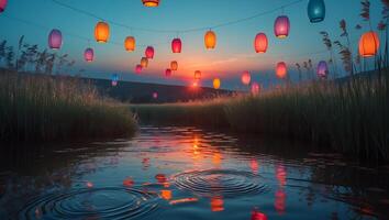 Illuminated Lanterns Reflecting in Calm Water at Sunset Landscape photo