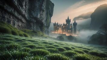 Castle Rising Above Fog with Green Field and Dramatic Cliffside photo