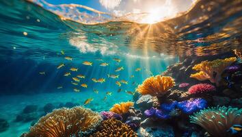 Swimming with Fish Around Vibrant Coral Reef in Clear Ocean Water photo