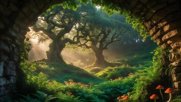Enchanted Forest Scene with Sun Rays Shining Through Trees and Mushrooms photo