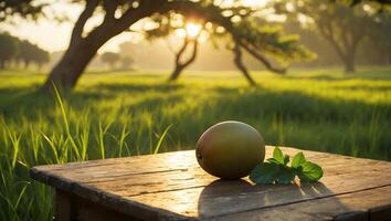 Mango and Mint on Rustic Table in Golden Sunlight Setting photo