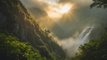 Waterfall Cascading Through Green Mountain Valley with Dramatic Sunlight photo