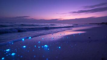 Glowing Bio-luminescent Waves Washing Ashore at Twilight on a Sandy Beach photo