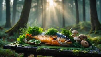 Cooked Fish Displayed with Mushrooms and Greenery in Forest Setting photo
