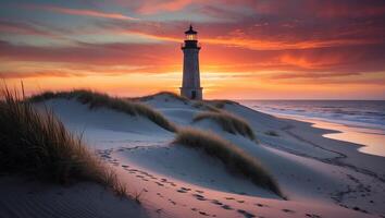 Lighthouse Standing on Sandy Dune at Sunset with Colorful Sky photo