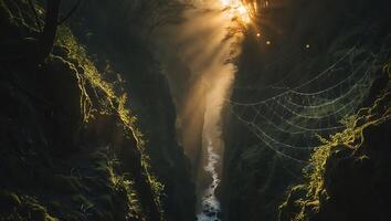 Flowing River Through Mossy Canyon with Golden Sunlight and Spiderweb photo