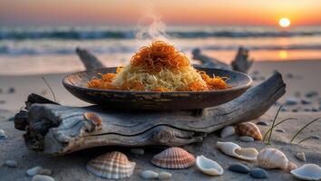 Steaming Pasta Dish on Beach at Sunset with Seashells photo