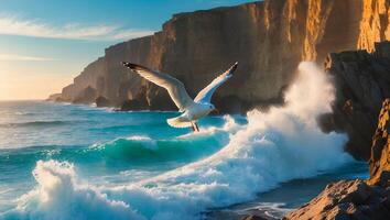 Seagull Flying Over Ocean Waves with Coastal Cliffs Landscape View photo