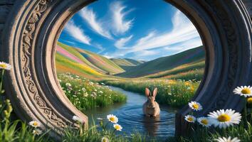 Rabbit Wading in Stream with Flower Field View Through Arch photo