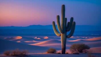 Cactus Standing Tall in Desert Landscape with Mountains at Twilight photo