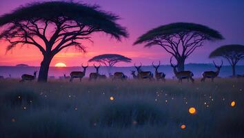Gazelle Herd Grazing Under Sunset Sky with Silhouetted Trees photo