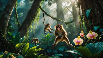 Monkeys Playing in Lush Tropical Rainforest Jungle Scene with Sunlight photo
