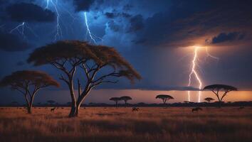 Lightning Storm Over African Savannah with Silhouette Trees and Animals photo