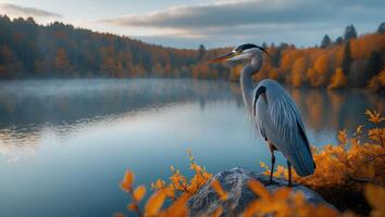 Great Blue Heron Standing Near Tranquil Lake Surrounded by Autumn Trees photo