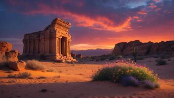 Desert Ruins and Flowers Under Dramatic Sunset Sky Landscape photo