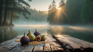 Figs on Wooden Dock with Misty Lake and Forest at Sunrise photo