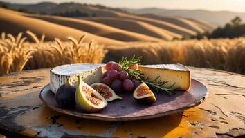 Cheese and Fruit Plate with Grain Field in Background photo