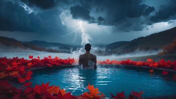 Person Relaxing in Hot Tub During Lightning Storm Landscape View photo