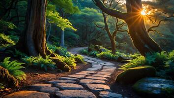 Walking the Stone Path Through a Forest at Sunrise or Sunset photo