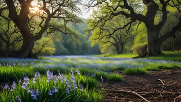 Walking Path Through Field of Bluebells and Trees in Forest photo