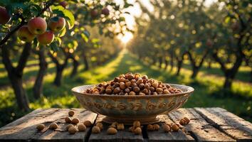 Harvested Hazelnuts in Bowl on Wooden Table with Apple Orchard photo