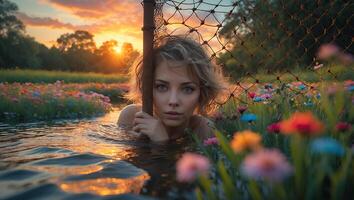 Woman Bathing in Pond at Sunset Surrounded by Wildflowers photo