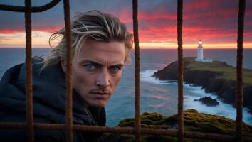 Person Looking Through Bars at Lighthouse Island in Colorful Sunset photo