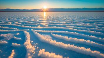 Salt Flat at Sunrise Textures and Lines Reflecting Sunlight photo