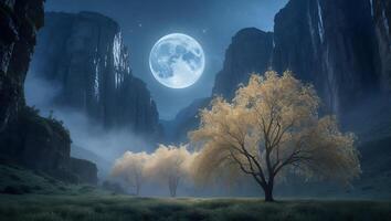 Full Moon Shining Over Trees and Cliffs in a Fantasy Landscape photo