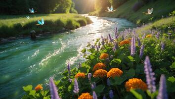 Flowing River with Wildflowers and Butterflies on a Sunny Day photo