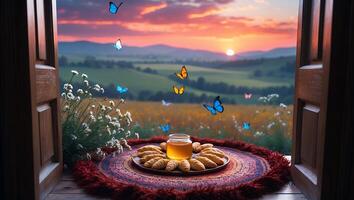Honey and Pastries Open Door Sunset View with Butterflies photo