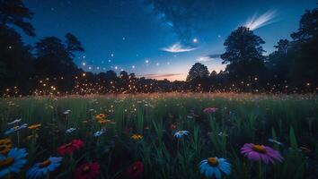 Colorful Wildflower Meadow at Dusk with Starry Sky Above photo