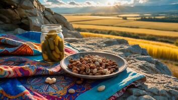 Picnic with Jar Pickles and Plate of Nuts on Rocky Outcrop photo