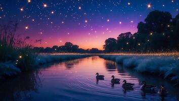 Ducks Swim River at Night with Starry Sky Reflections photo