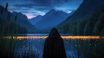 Person in Hooded Cloak Watching Lights Reflecting on Mountain Lake photo