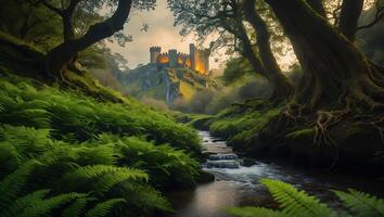 Flowing Stream Leads to Medieval Castle Through Lush Green Forest photo