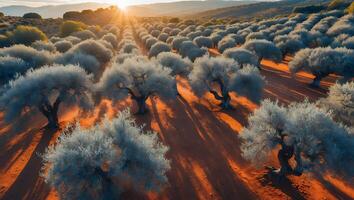 Sun Shining Over Rows of Trees in a Rural Landscape photo