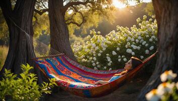 Woman Relaxing in Colorful Hammock Among Trees and White Flowers photo