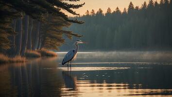 Heron Standing in Calm Lake at Sunrise with Forest Backdrop photo