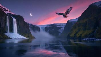 Owl Flying Over Calm Lake with Waterfall and Mountain Landscape photo