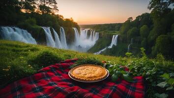 Enjoying Fresh Pie on a Picnic Blanket Overlooking Majestic Waterfall photo