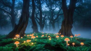 Glowing Mushroom Forest at Dusk with Ferns and Mist photo