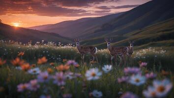 Deer Standing in Field of Wildflowers During Sunset Landscape photo